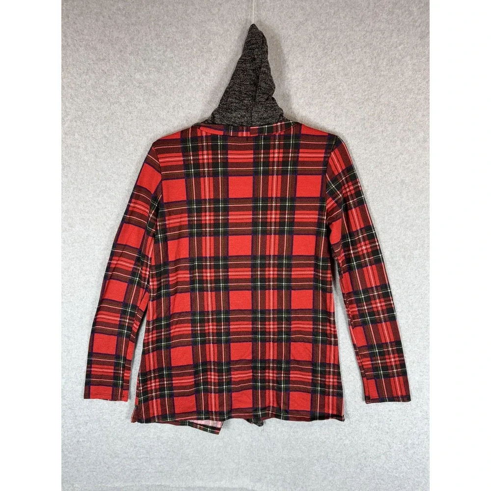 Egs California Cardigan Womens Small Red Plaid Open Front Hooded Sweater Pockets